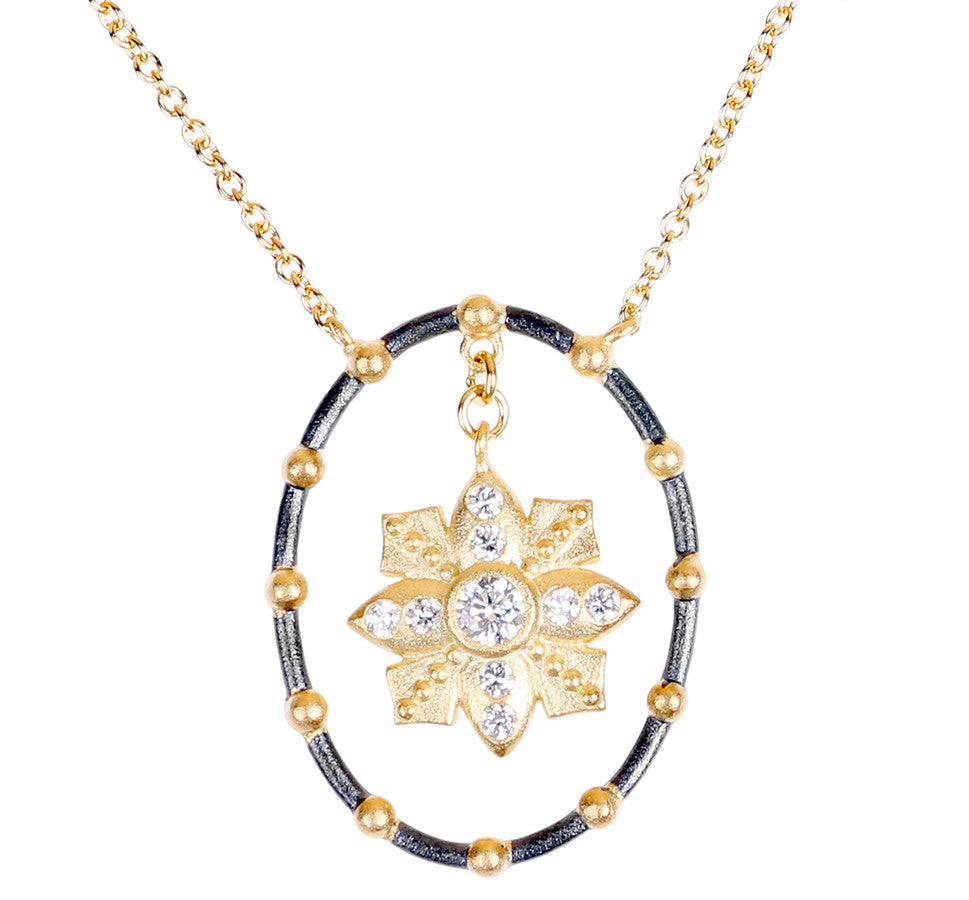 Floating Flower and CZ Open Oval Necklace