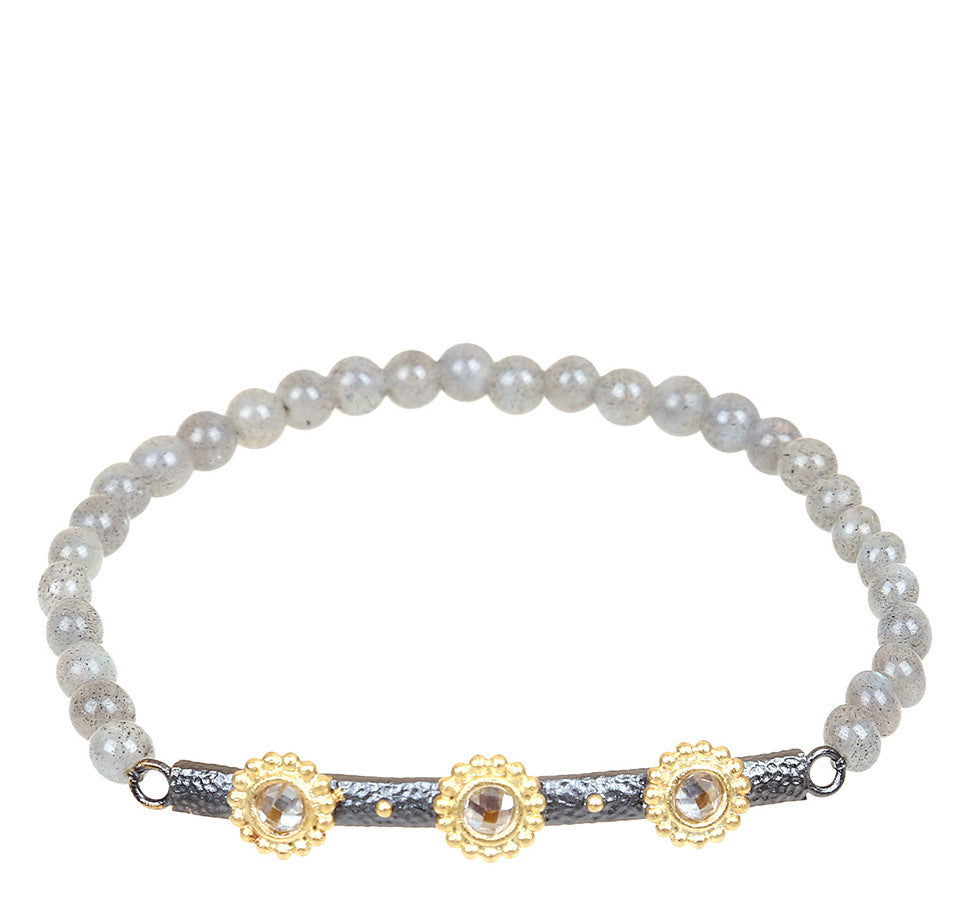 Triple-Faceted Beaded Flower Bar Labradorite Stretch Bracelet