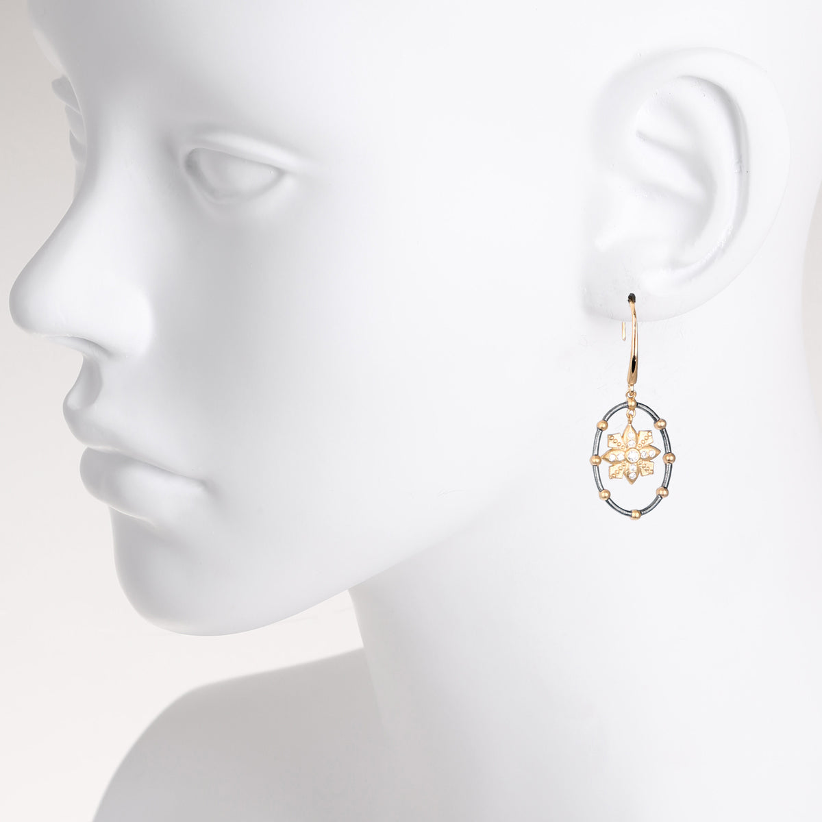 Floating Flower and CZ Open Oval Drop Earring