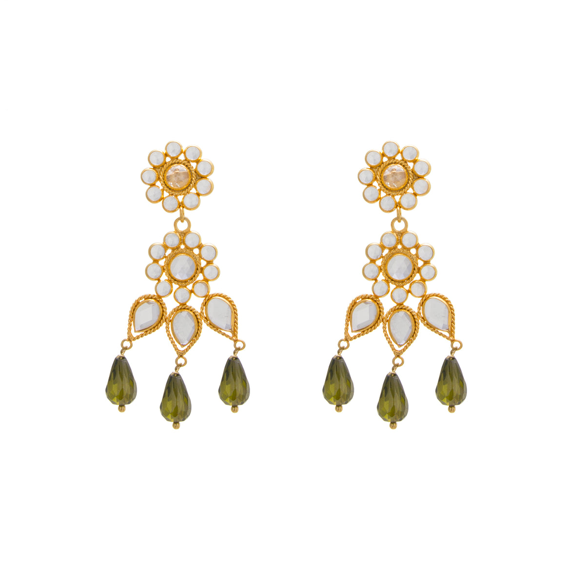 White Crystal / Green Glass Chandelier Drop Earring