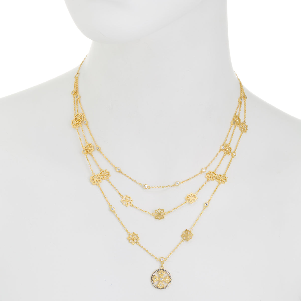 CZ Cross Triple Strand Layered Necklace