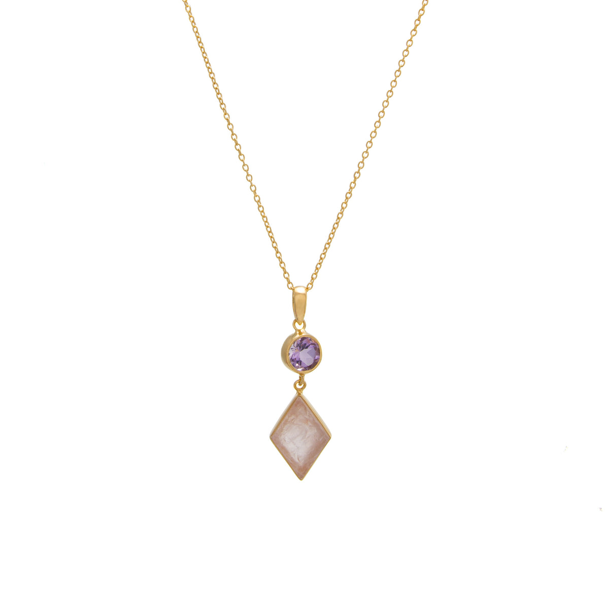 Amethyst / Rose Quartz Diamond Shape Drop Necklace