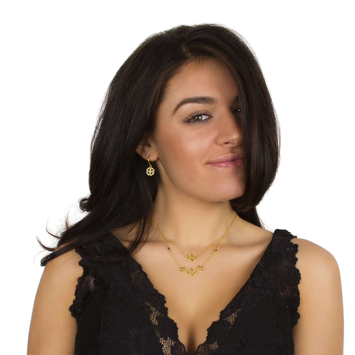 Black CZ Multi Round Filigree Layered Double Strand Necklace