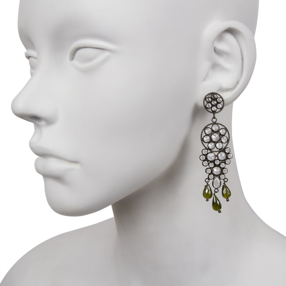 White Crystal / Green Glass Chandelier Earring