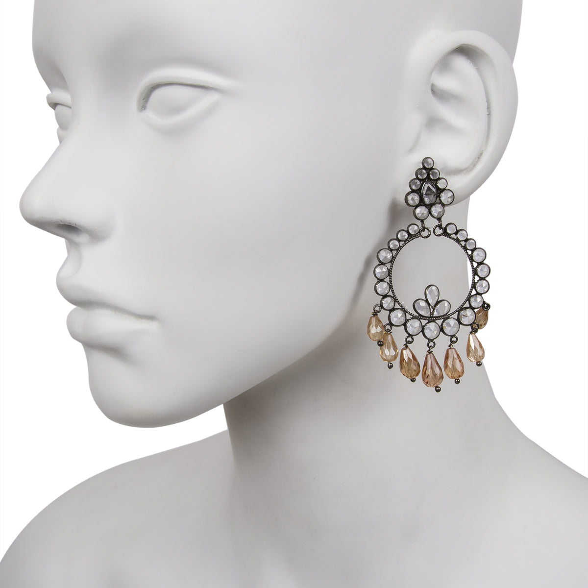 White Crystal / Brown Glass Chandelier Earring