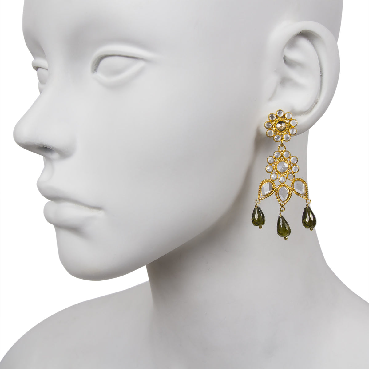 White Crystal / Green Glass Chandelier Drop Earring